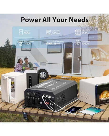 Bestek 2000 Watt Pure Sine Wave Power Inverter 12V DC to 110V AC with 3 AC Outlets PD30W USBC QC18W Remote Controller LED Display